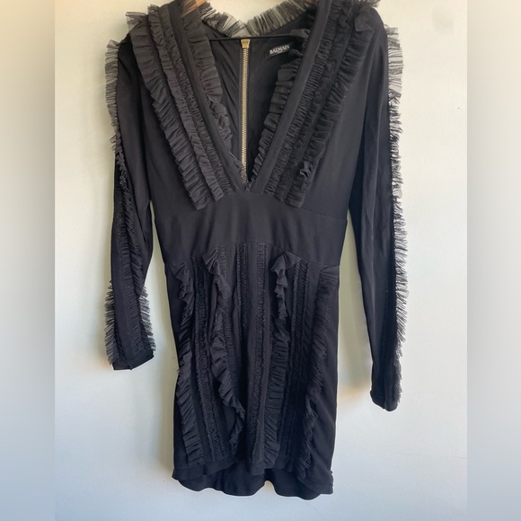 NWOT Balmain|| Viscose With Ruffled Tulle Trims V-Neck Long Sleeves Mini Dress - Picture 1 of 10